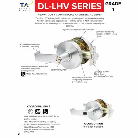 Trans Atlantic Co. Heavy Duty Grade 1 Commercial Cylindrical Passage Hall/Closet Door Lever in Brushed Chrome DL-LHV10-US26D